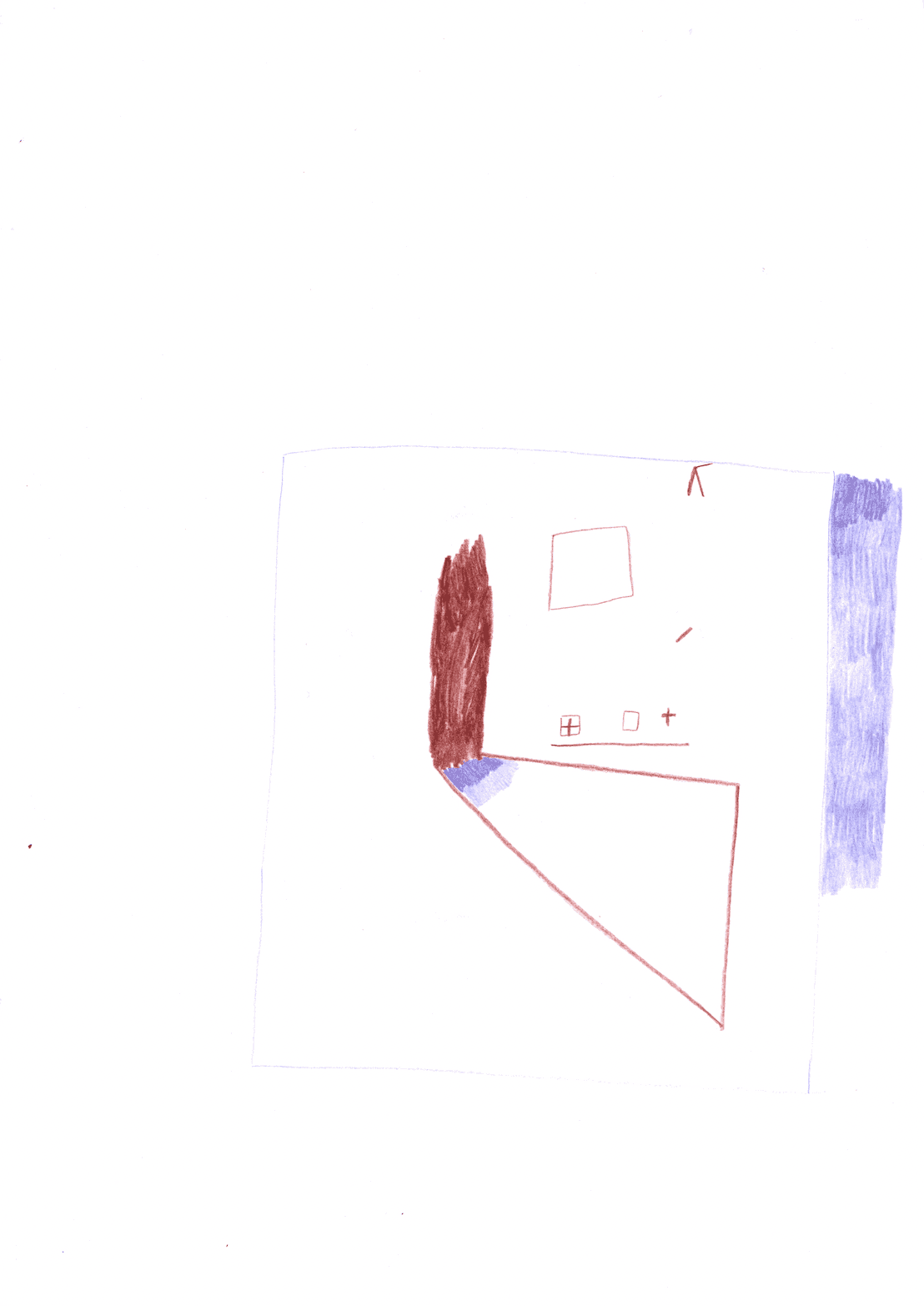 A minimalist abstract drawing featuring geometric shapes and lines in red and blue on a white background.