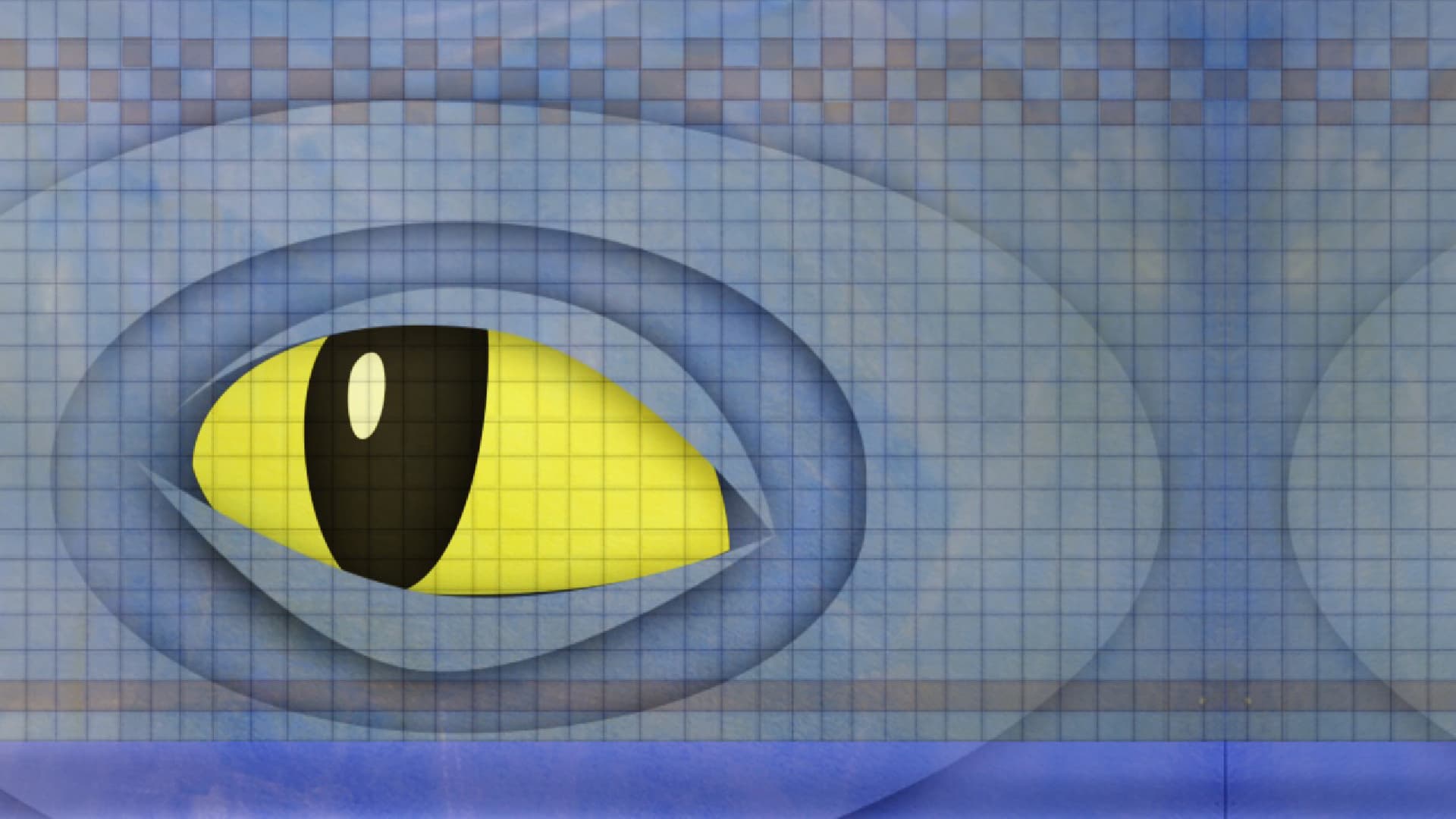 A stylized cat or reptile eye with a yellow iris and vertical pupil set against a blue, grid-patterned background.