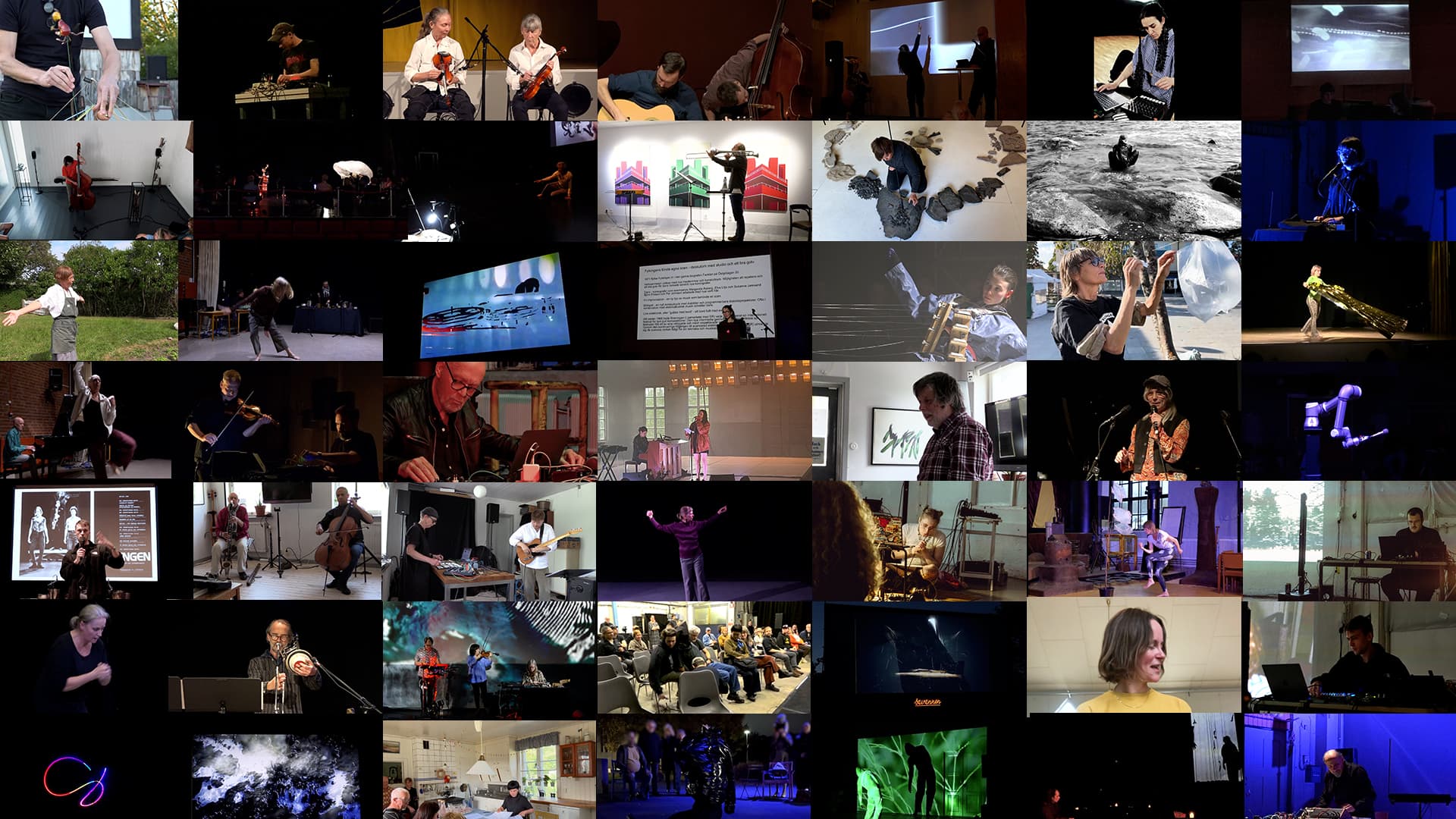 A collage of various people engaged in musical performances, dance, art installations, and lectures.