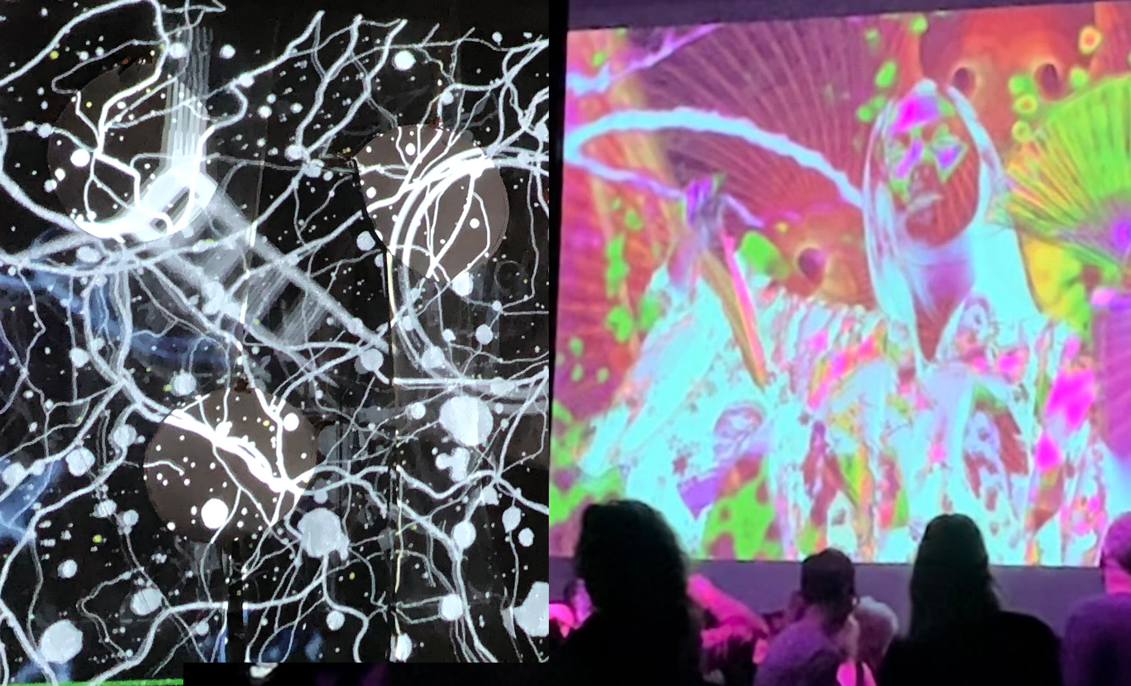 The image shows abstract art: on the left, a black background with white swirling lines and dots; on the right, a colorful projection with people silhouetted in front.